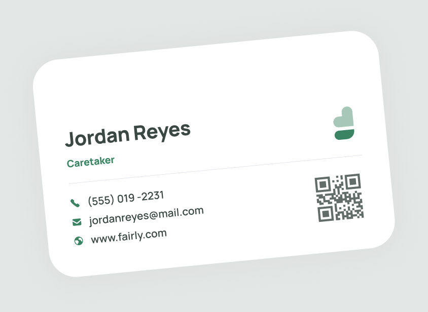 A Fairly business card for a caretaker, with phone, email, and a QR code