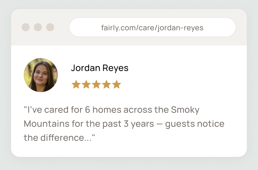 A caretaker’s public Fairly profile page with a five-star rating and a review