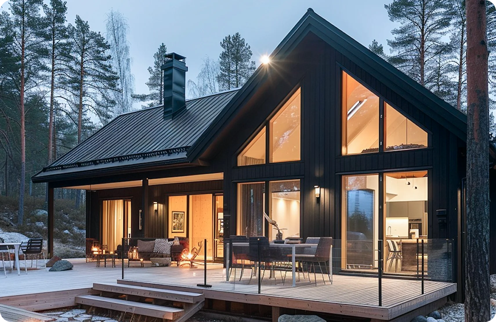 A dark A-frame cabin lit up at dusk, its deck looking out over the trees