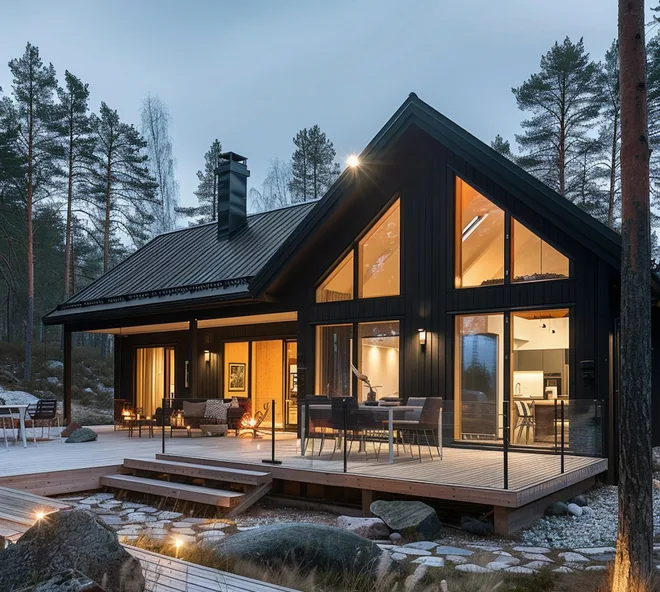 A dark A-frame cabin lit up at dusk beside a creek