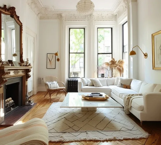 A bright living room with a marble fireplace and herringbone floors