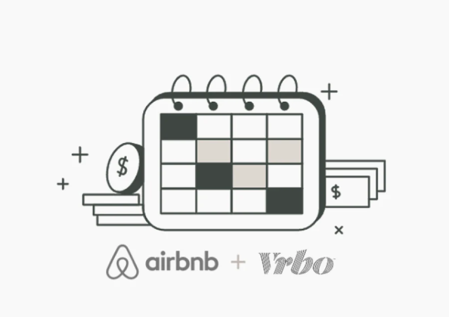 Illustration of a booking calendar beside the Airbnb and Vrbo wordmarks