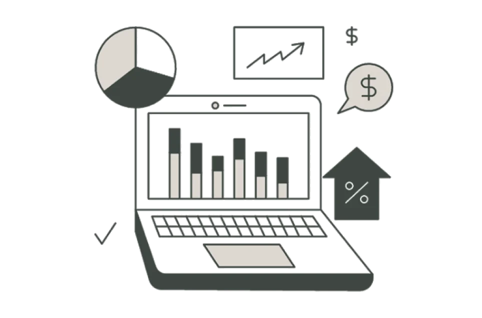 Illustration of a laptop showing revenue charts