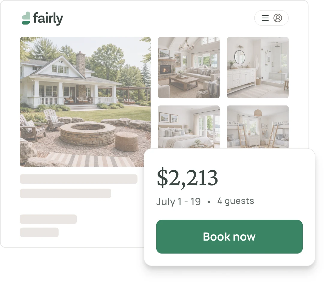 A Fairly.com listing with a $2,213 quote for July 1 to 19 and a Book now button