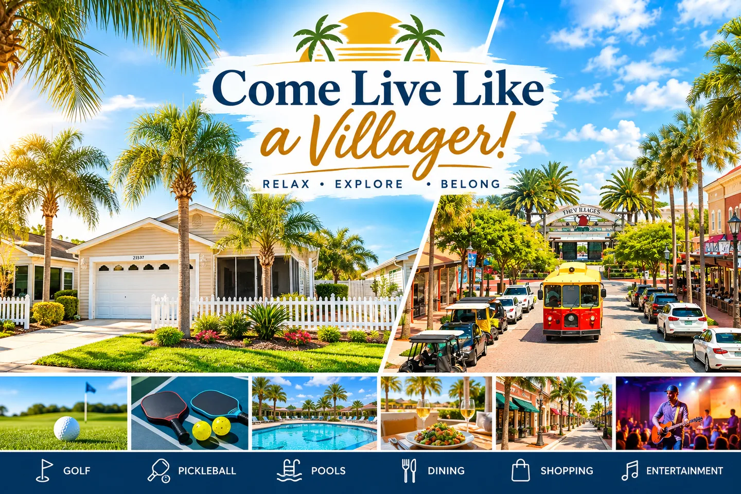 Collage graphic titled 'Come Live Like a Villager!' showcasing a residential home exterior, town square street scene with a trolley, and smaller panels for golf, pickleball, pools, dining, shopping, and entertainment.