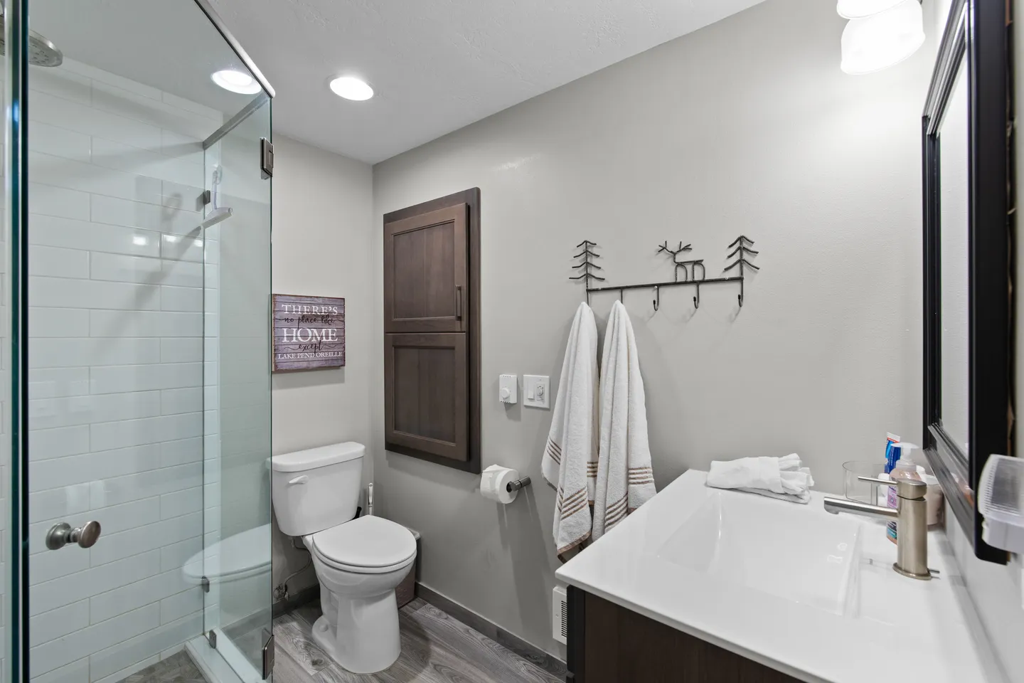 Bathroom with glass-door shower, white sink vanity, toilet, and towel rack with nature motif.