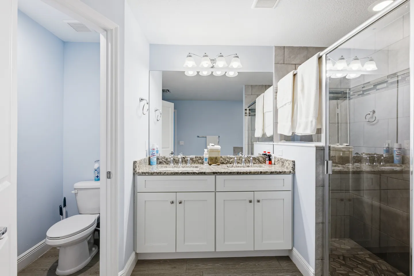 Bathroom featuring a double vanity with stone countertop, large mirror, glass-enclosed tiled shower, and a separate toilet alcove.