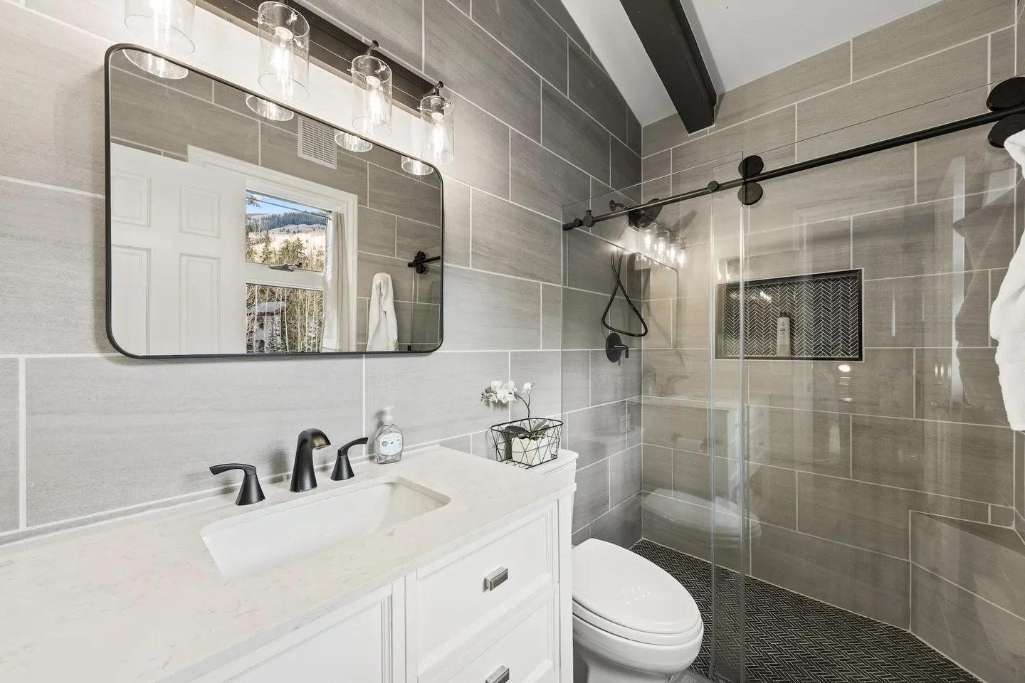 Bathroom with a white vanity, black fixtures, rounded rectangular mirror, toilet, and walk-in tiled shower with sliding glass door.