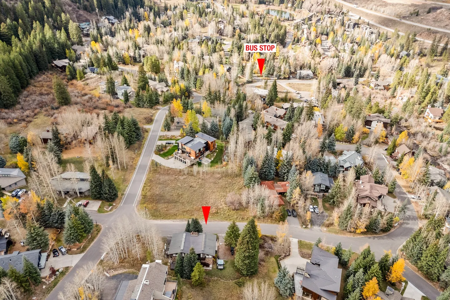Aerial view of a forested mountain neighborhood showing houses, roadways, and red arrow markers pointing to a home and a bus stop.