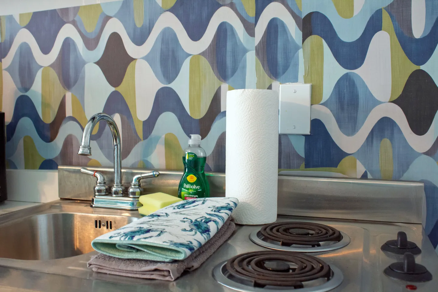 Stainless steel kitchenette sink and two-burner electric stovetop beneath a retro patterned backsplash.