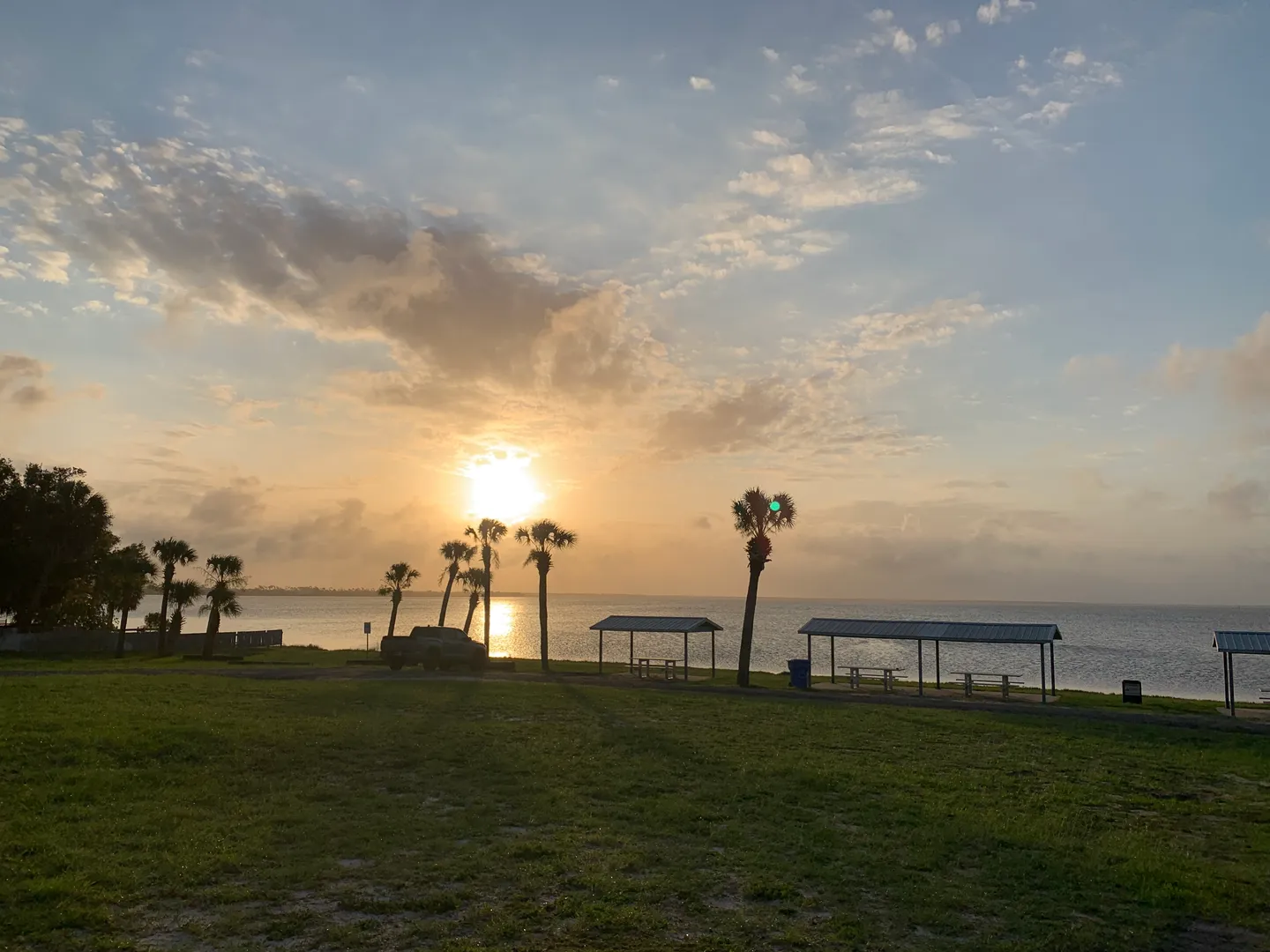 A coastal park area with grassy lawn, palm trees, and picnic shelters overlooking the water at sunrise or sunset.
