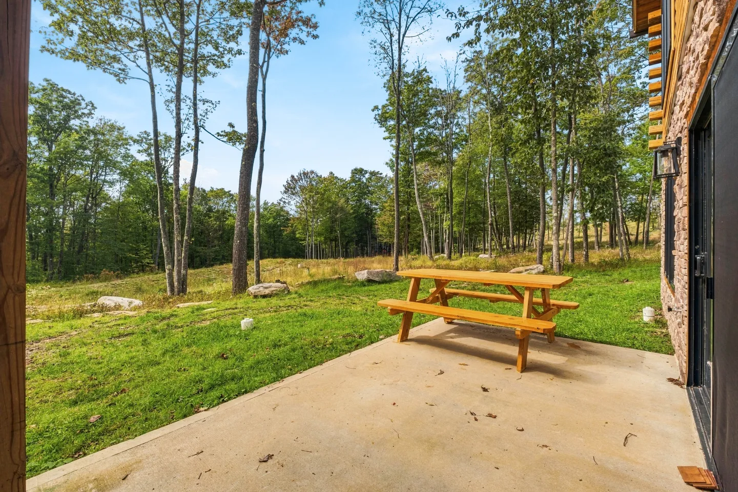 A concrete patio with a wooden picnic table overlooking a grassy yard bordered by woods.