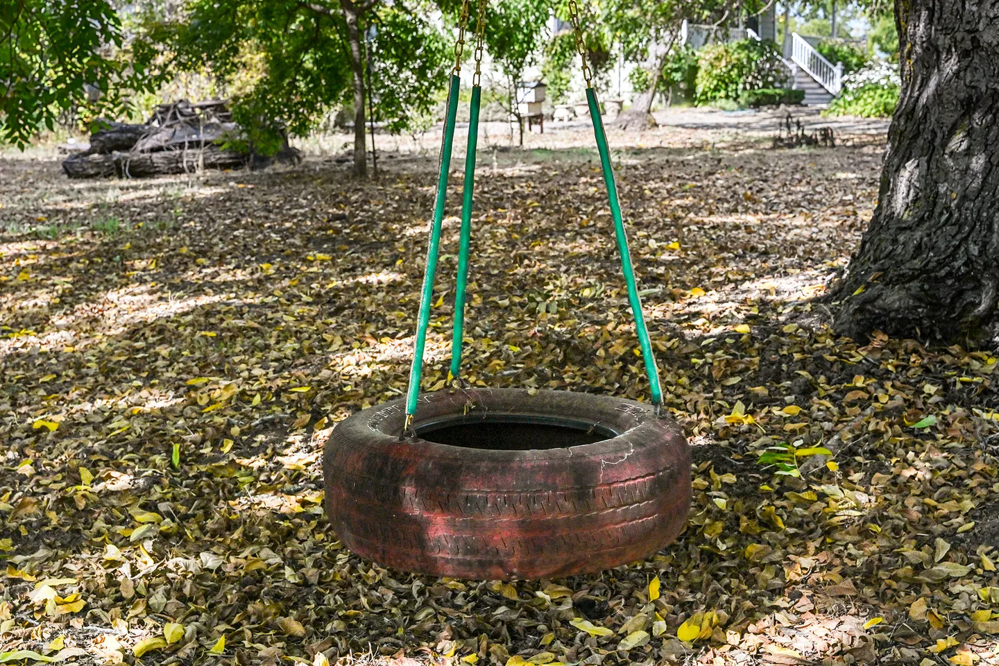 A tire swing suspended by chains with green covers hangs over a yard covered in fallen leaves.