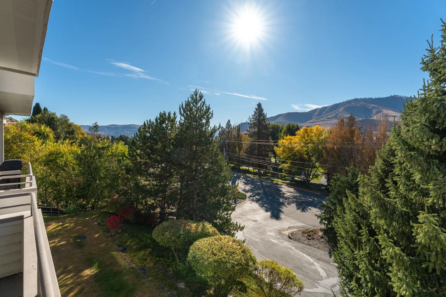 Elevated view from a balcony showing trees, a paved street, and rolling hills under a sunny sky.