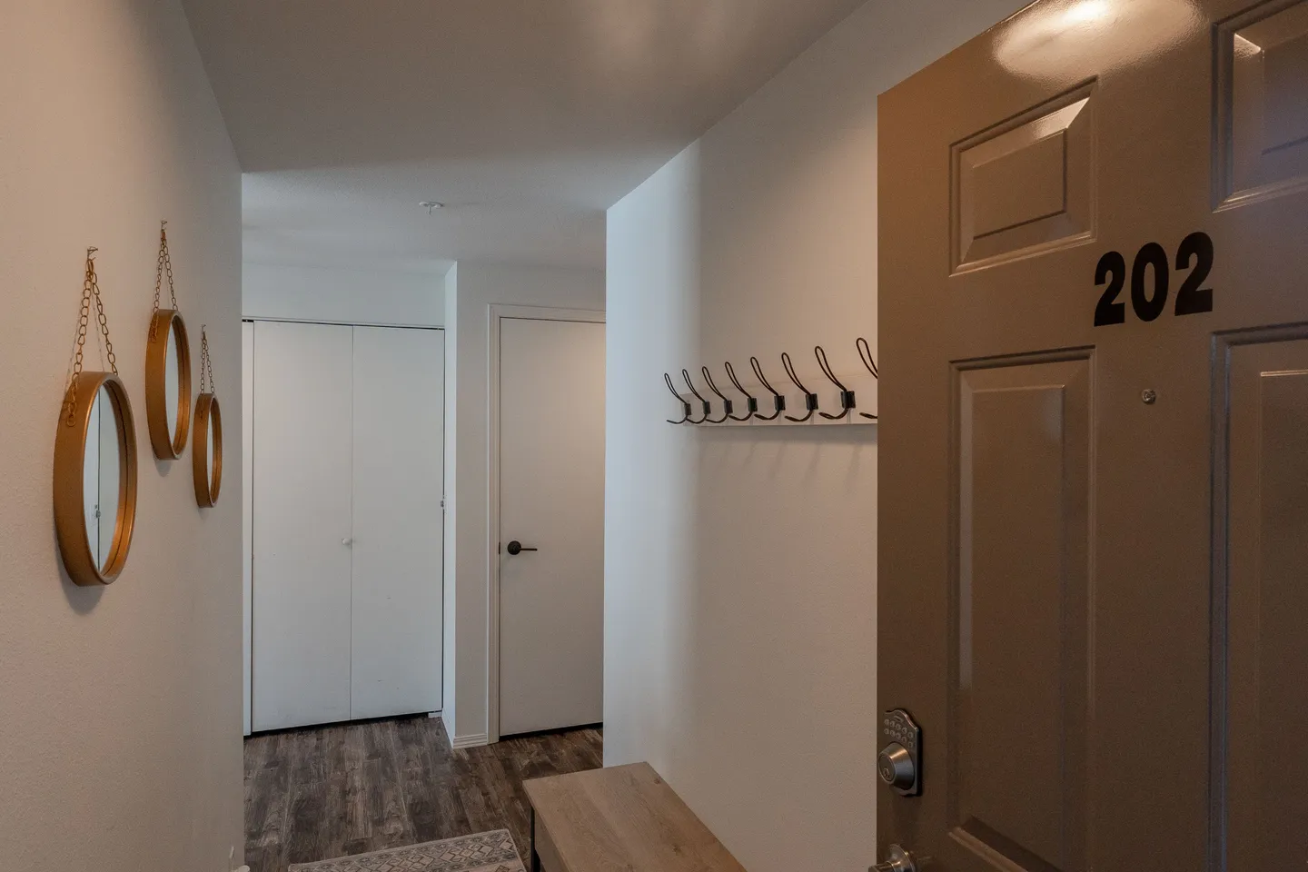 Entryway hallway seen through an open front door with number 202, showing wall hooks, small round mirrors, and interior doors.