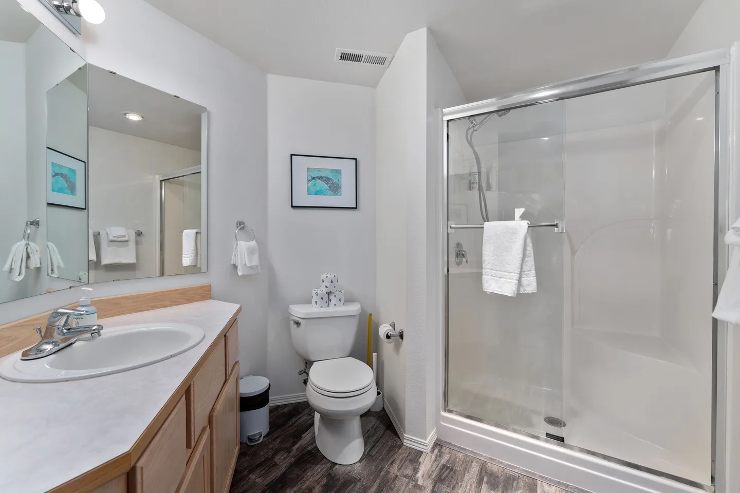 Bathroom with a wood-cabinet vanity, large mirror, toilet, and walk-in shower with sliding glass doors.