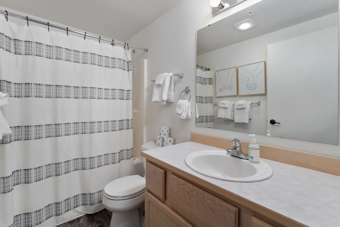 Bathroom with a wood vanity, white drop-in sink, toilet, patterned shower curtain, and a wall mirror reflecting framed artwork.