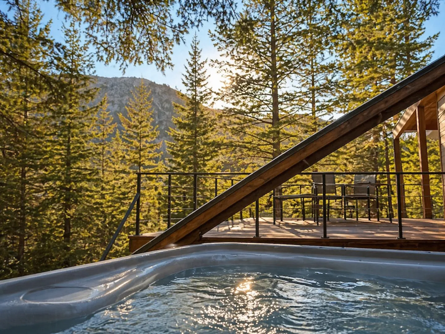 Close-up view of an outdoor hot tub overlooking a wooden deck surrounded by evergreen pine trees and mountains in the sunlight.