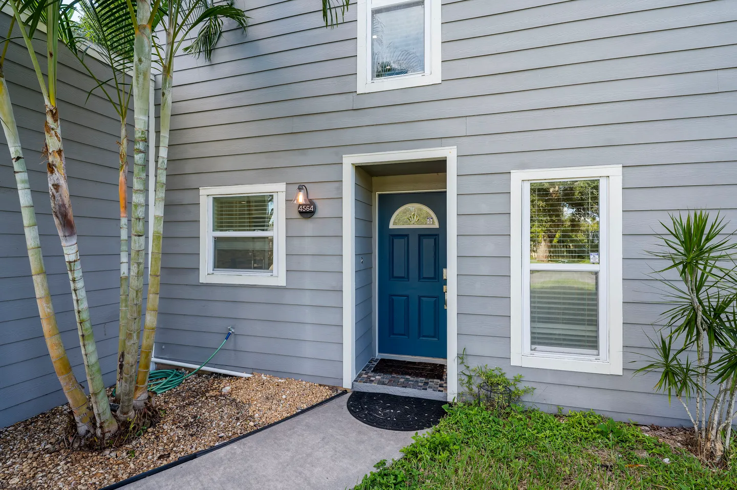 Front entrance of a gray home featuring a blue front door, framed windows, and surrounding palm trees.