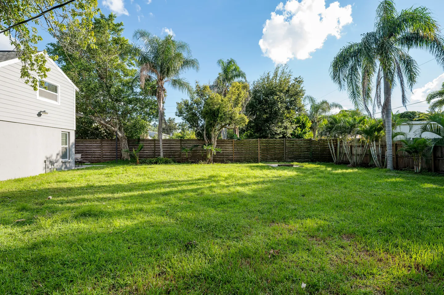 A spacious, grassy backyard bordered by a wooden fence, palm trees, and the side of a two-story home under a blue sky.