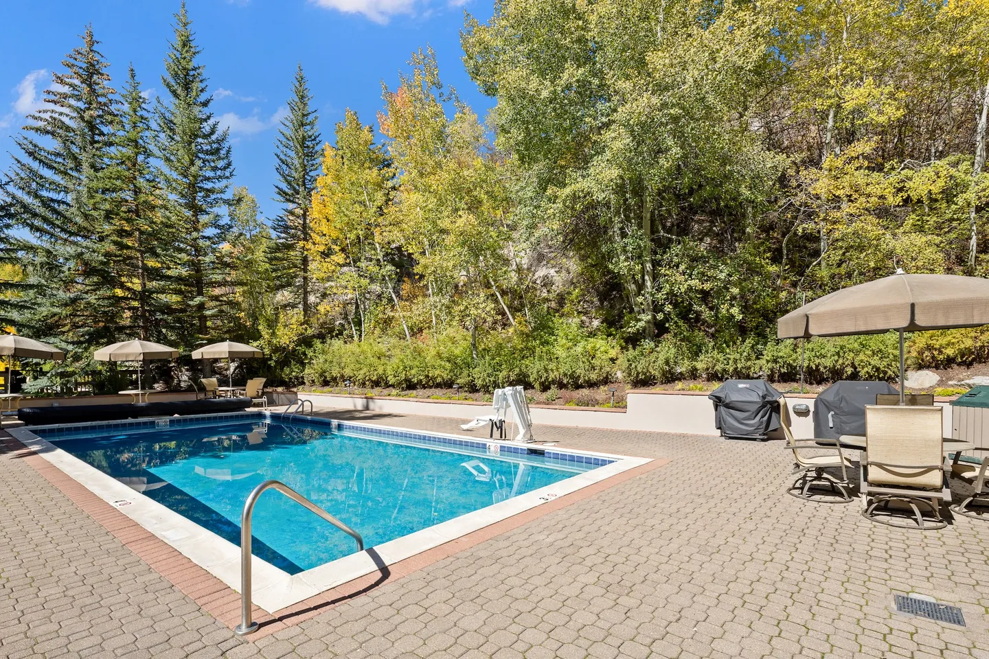 Outdoor rectangular swimming pool surrounded by a brick paver patio, patio furniture, and tall trees under a bright blue sky.