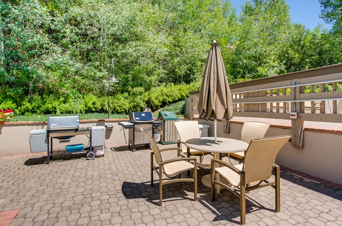 Outdoor paved patio area featuring a round table with chairs and umbrella, barbecue grills, and lush green trees in the background.