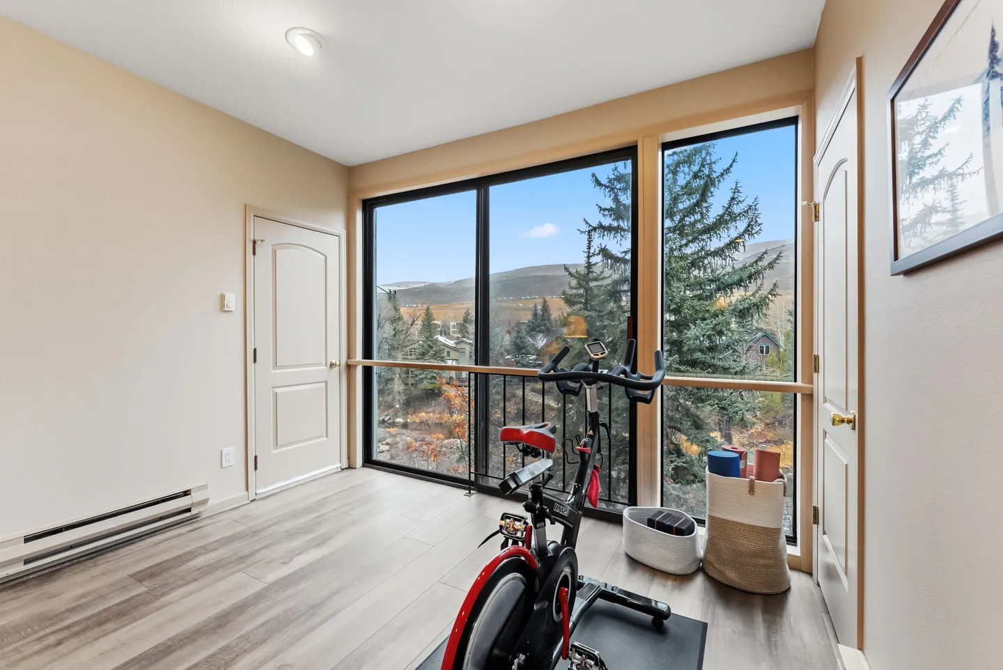 An exercise bike set in an indoor workout nook facing large picture windows with views of trees and hills.