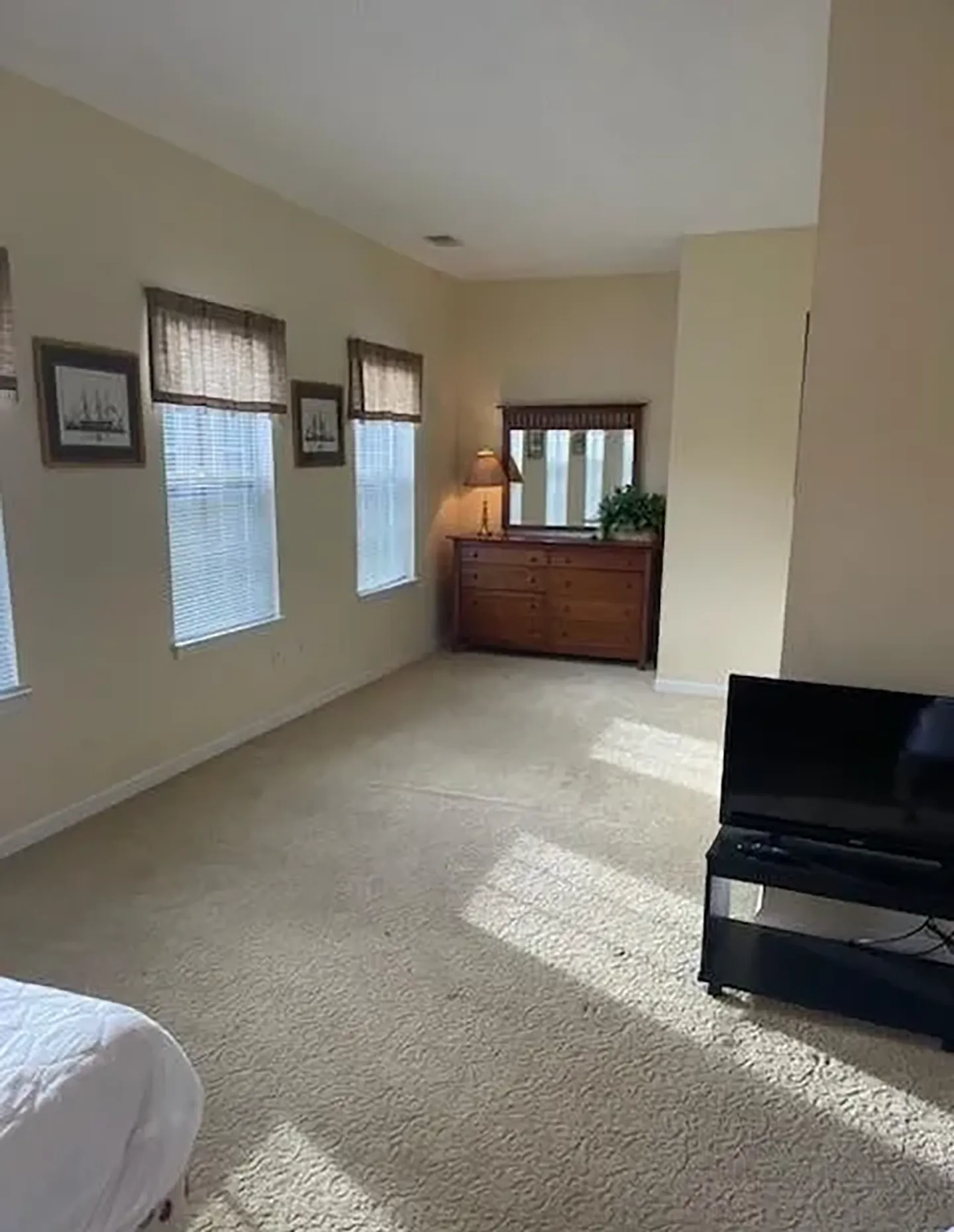 Carpeted bedroom with windows, a wooden dresser and mirror, and a television on a stand.