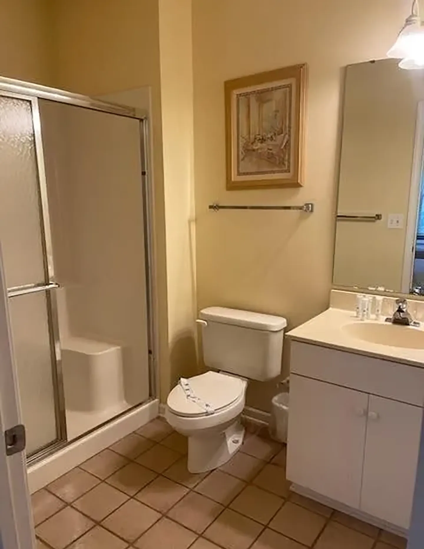 Bathroom with a glass-door walk-in shower, toilet, and vanity sink with mirror.