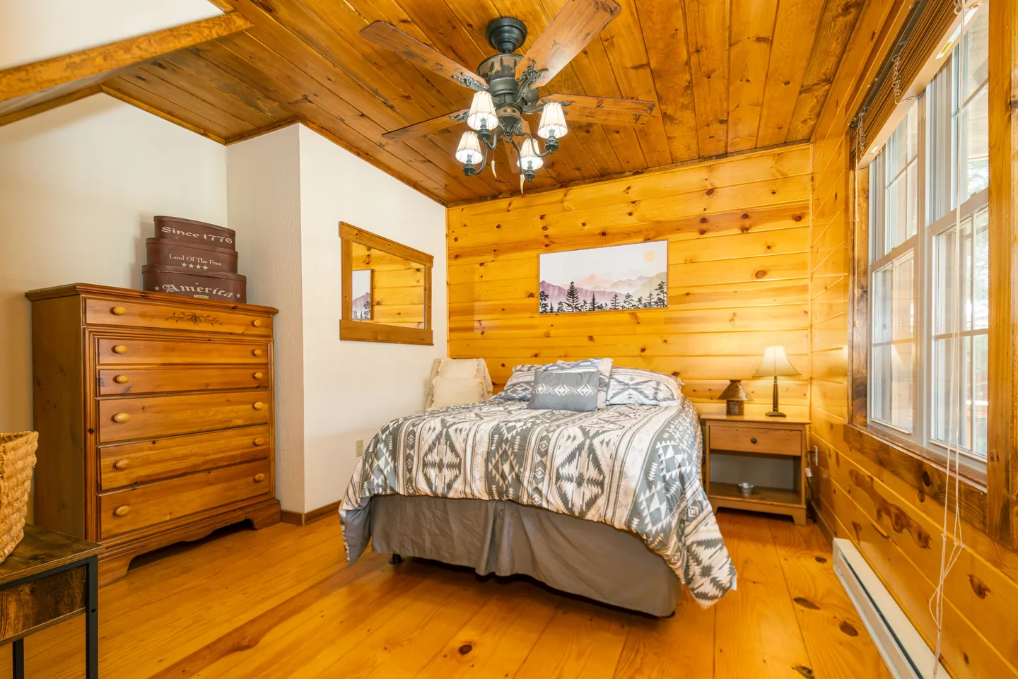 Rustic bedroom with log-paneled walls, wood-plank ceiling, wooden dresser, and a bed with a patterned quilt.