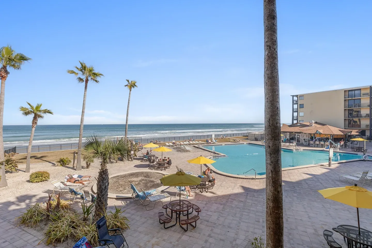 Elevated view of an oceanfront resort patio and swimming pool with palm trees overlooking the beach and sea.