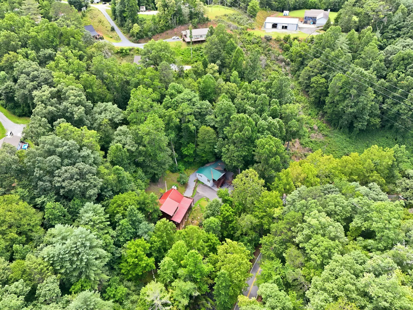 Aerial view of cabins nestled within a dense green forest surrounded by paved roads and neighboring properties.