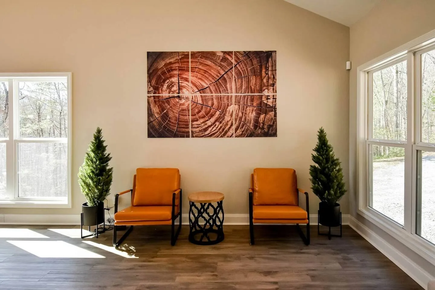 Seating area with two orange armchairs, a small side table, potted plants, and tree ring artwork on the wall.
