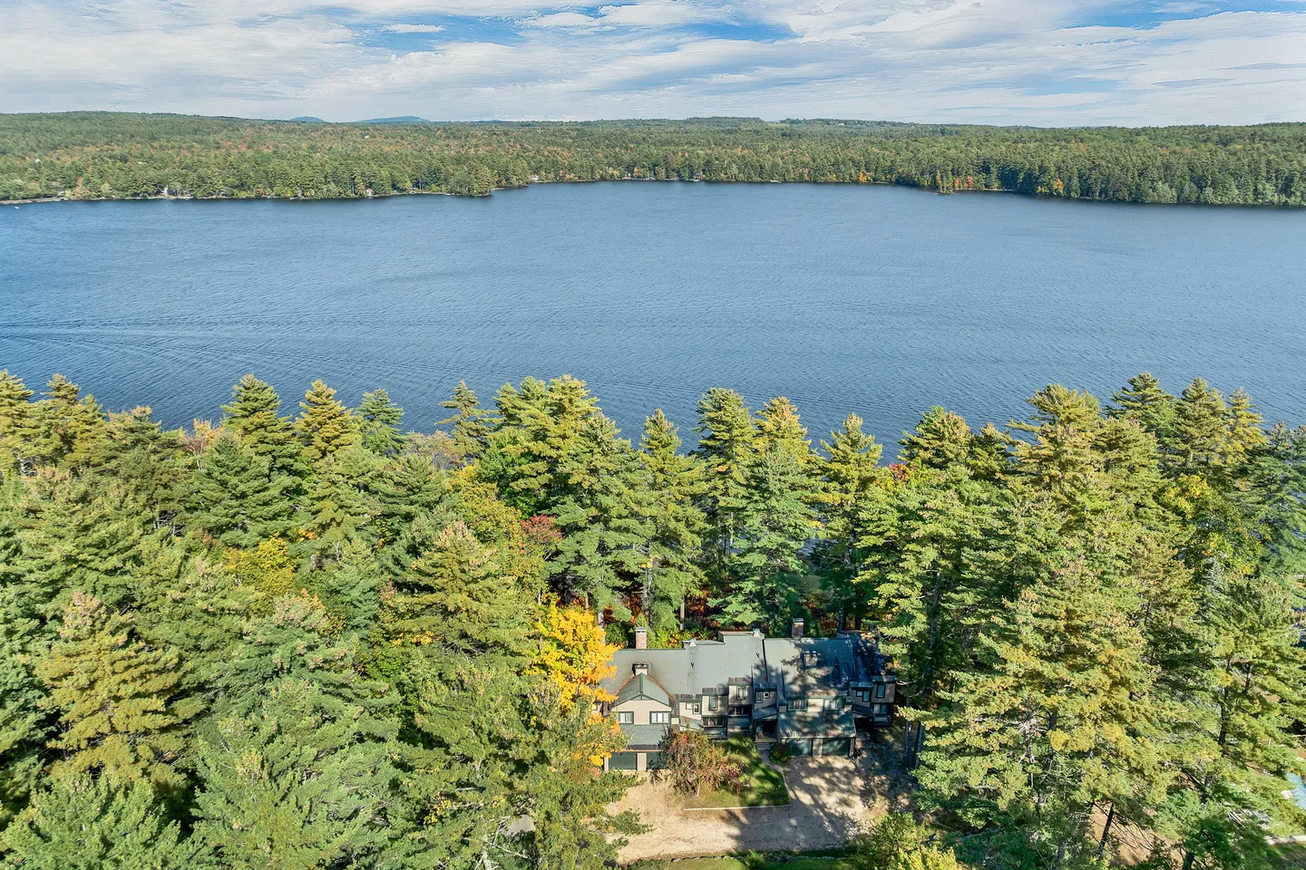Aerial view of a home surrounded by dense pine trees situated along the shoreline of a wide lake.
