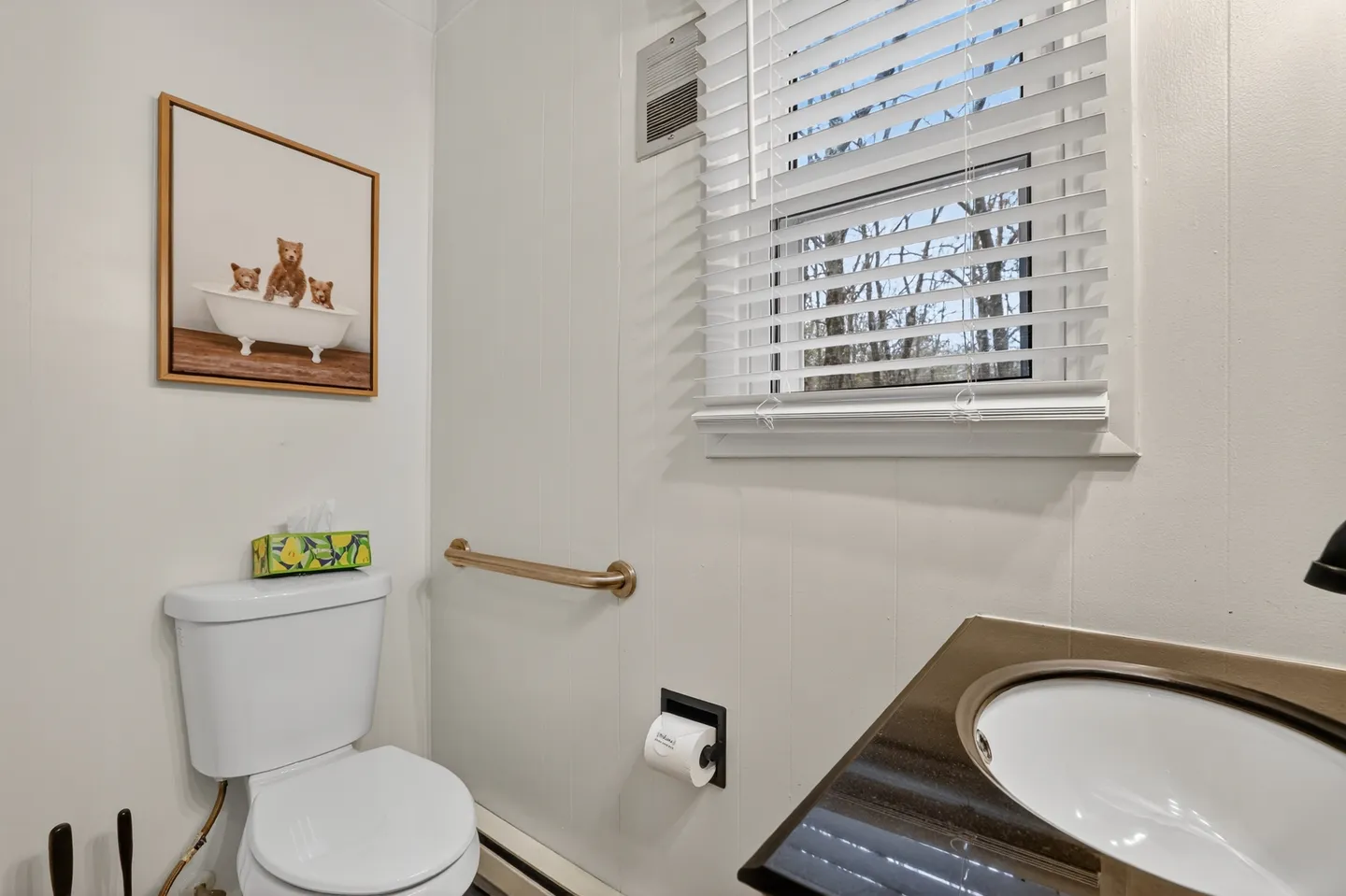 Bathroom with a white toilet, grab bar, vanity sink corner, window with white blinds, and framed bear artwork.