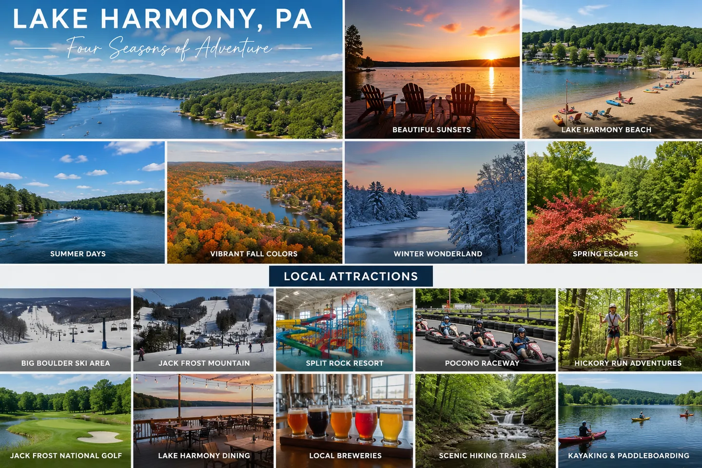 A collage graphic highlighting Lake Harmony, PA, featuring four seasons and various local attractions like ski areas, dining, golf, and water sports.