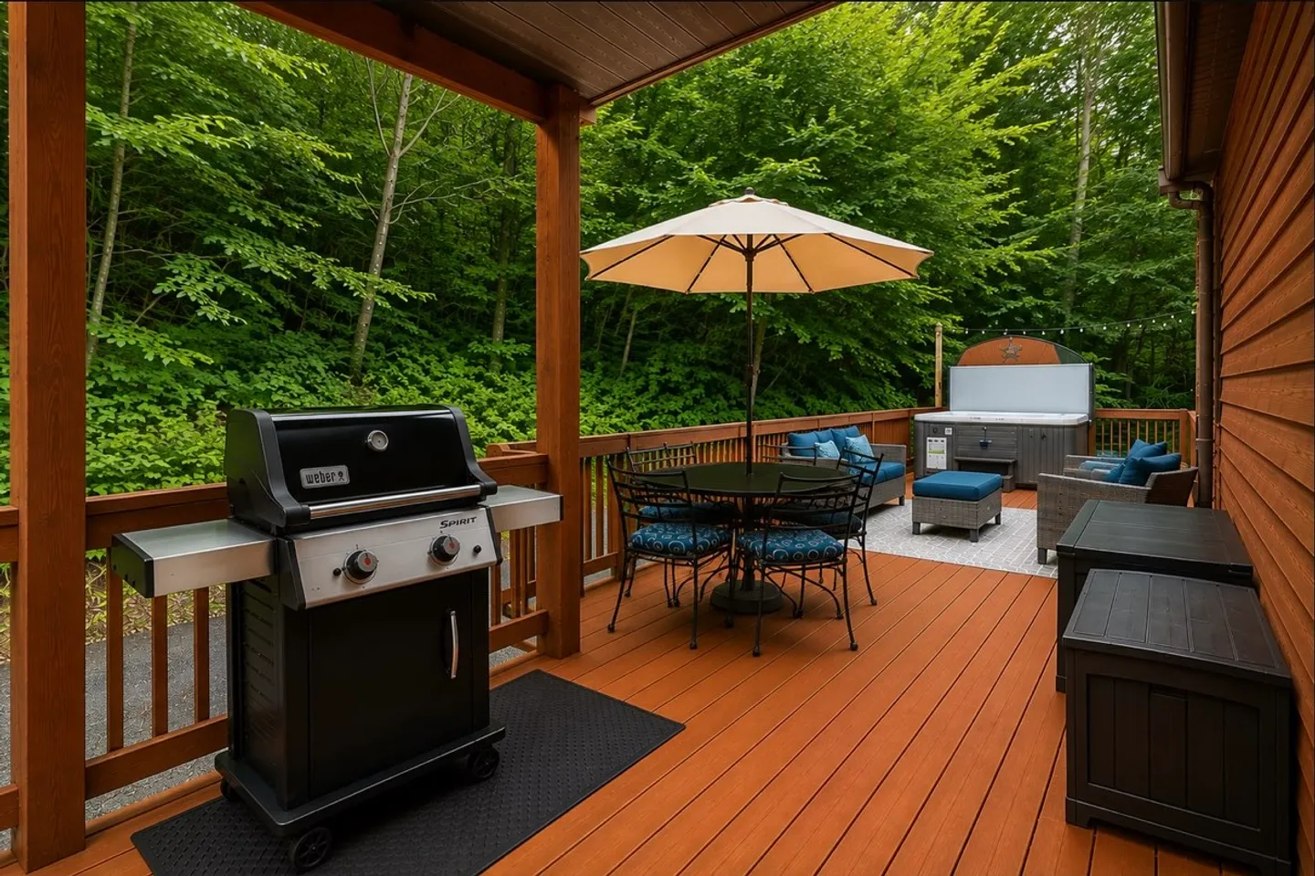 Outdoor wood deck featuring a barbecue grill, patio dining set with an umbrella, lounge seating, and a hot tub against a wooded backdrop.