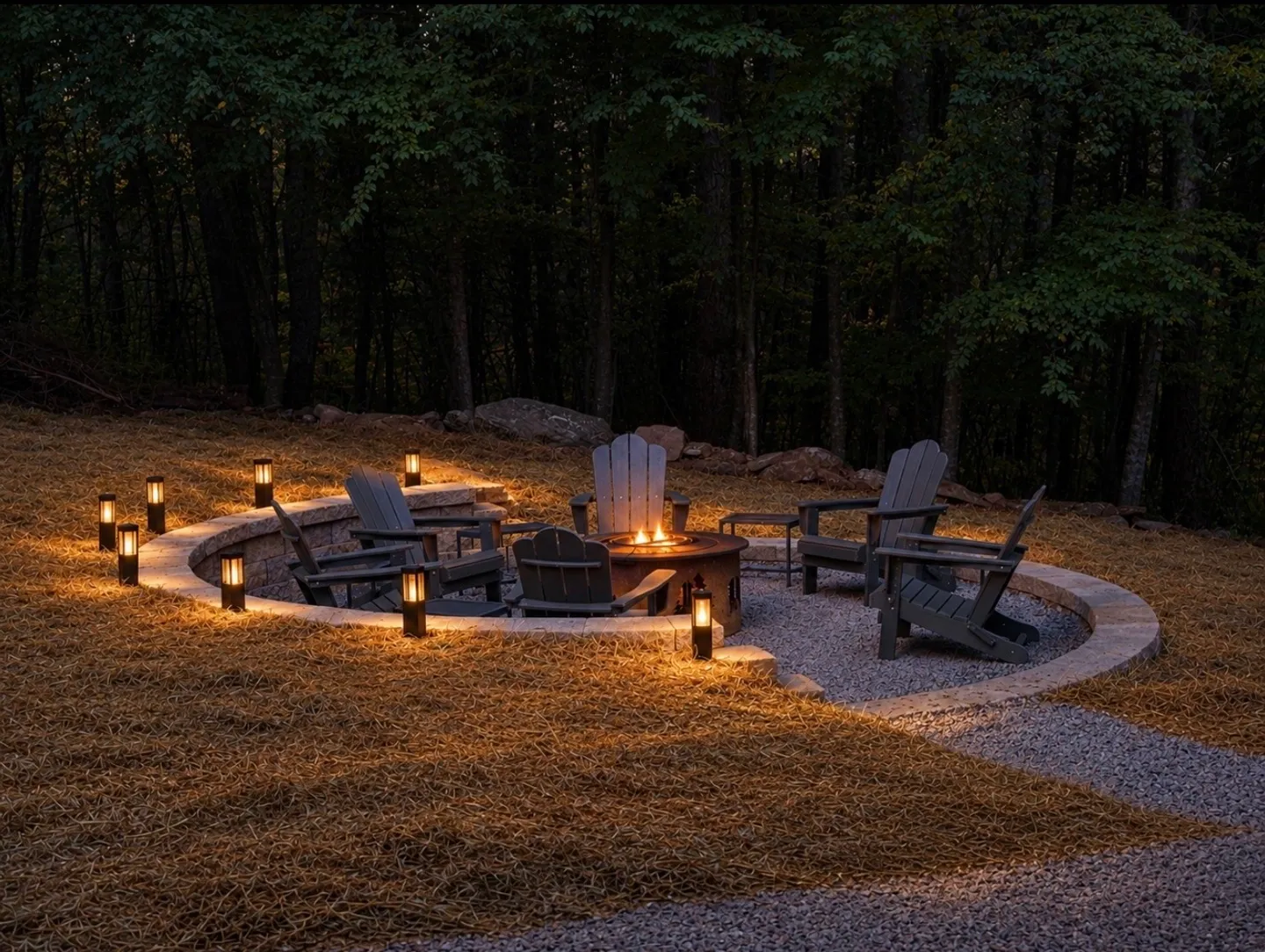 Sunken outdoor gravel patio featuring a lit fire pit, Adirondack chairs, and low stone retaining wall illuminated by landscape lights at dusk.