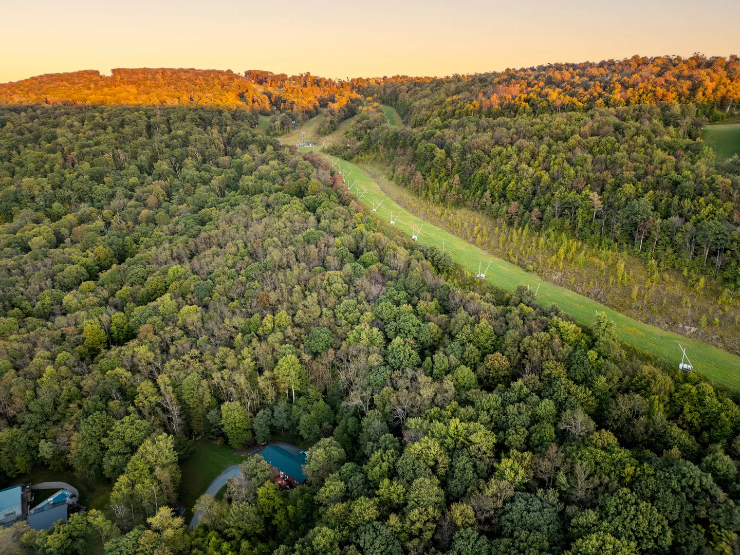 Aerial view of a forested hillside with a home nestled in the trees near a ski slope cut.