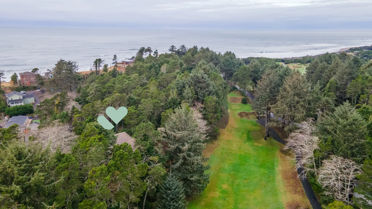Aerial view of a coastal neighborhood with evergreen trees, a golf fairway, and the ocean under an overcast sky.