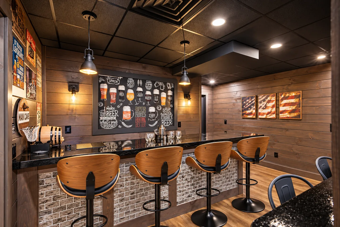 Basement home bar with a dark countertop, brick-patterned base, wooden swivel barstools, wood-paneled walls, and chalkboard beer art.