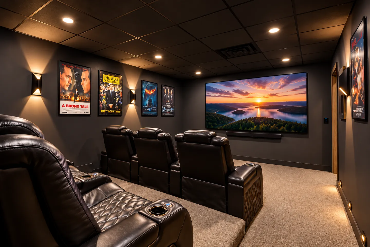 A home theater room featuring two tiered rows of black leather recliners, a large projection screen, and framed movie posters on the wall.