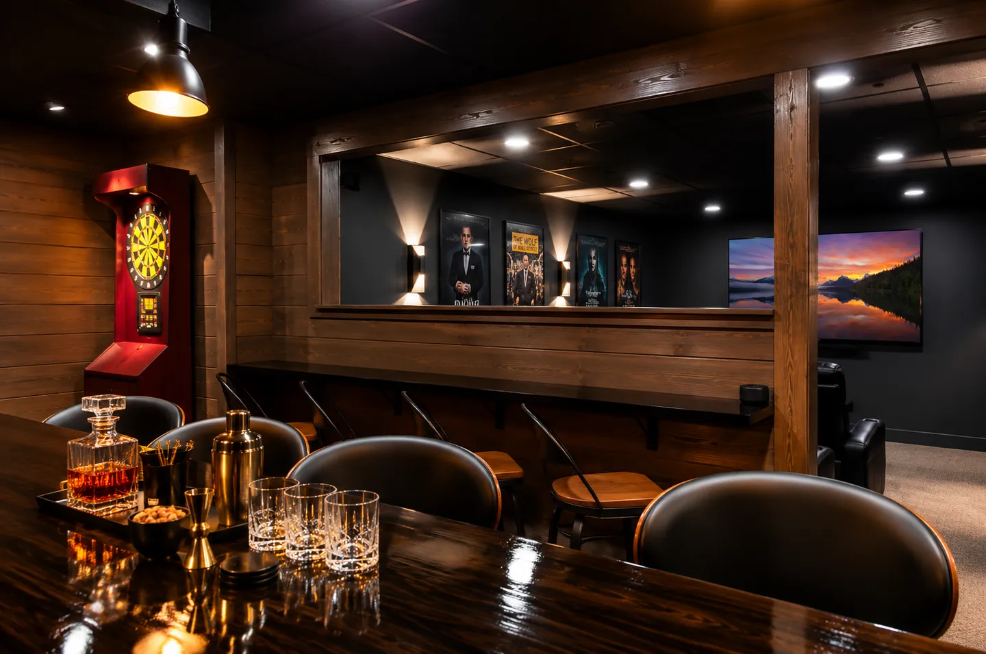 Basement bar area with dark wood counter, bar stools, electronic dartboard, and an opening looking into a home theater room.