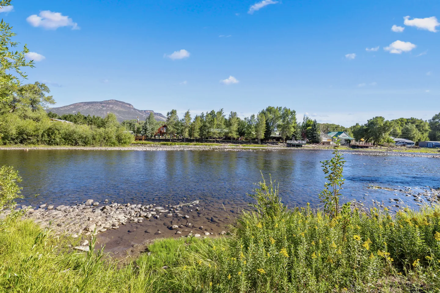 Wide river flowing in front of a tree-lined bank under a clear blue sky with distant mountains.