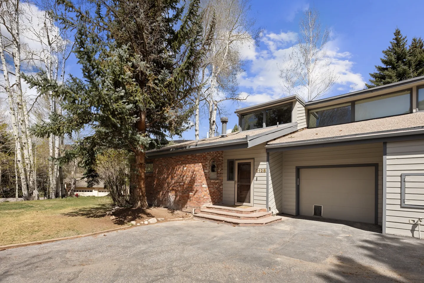 Exterior front view of a house with light horizontal siding, brick accents, an attached garage, and a wide paved driveway surrounded by trees.