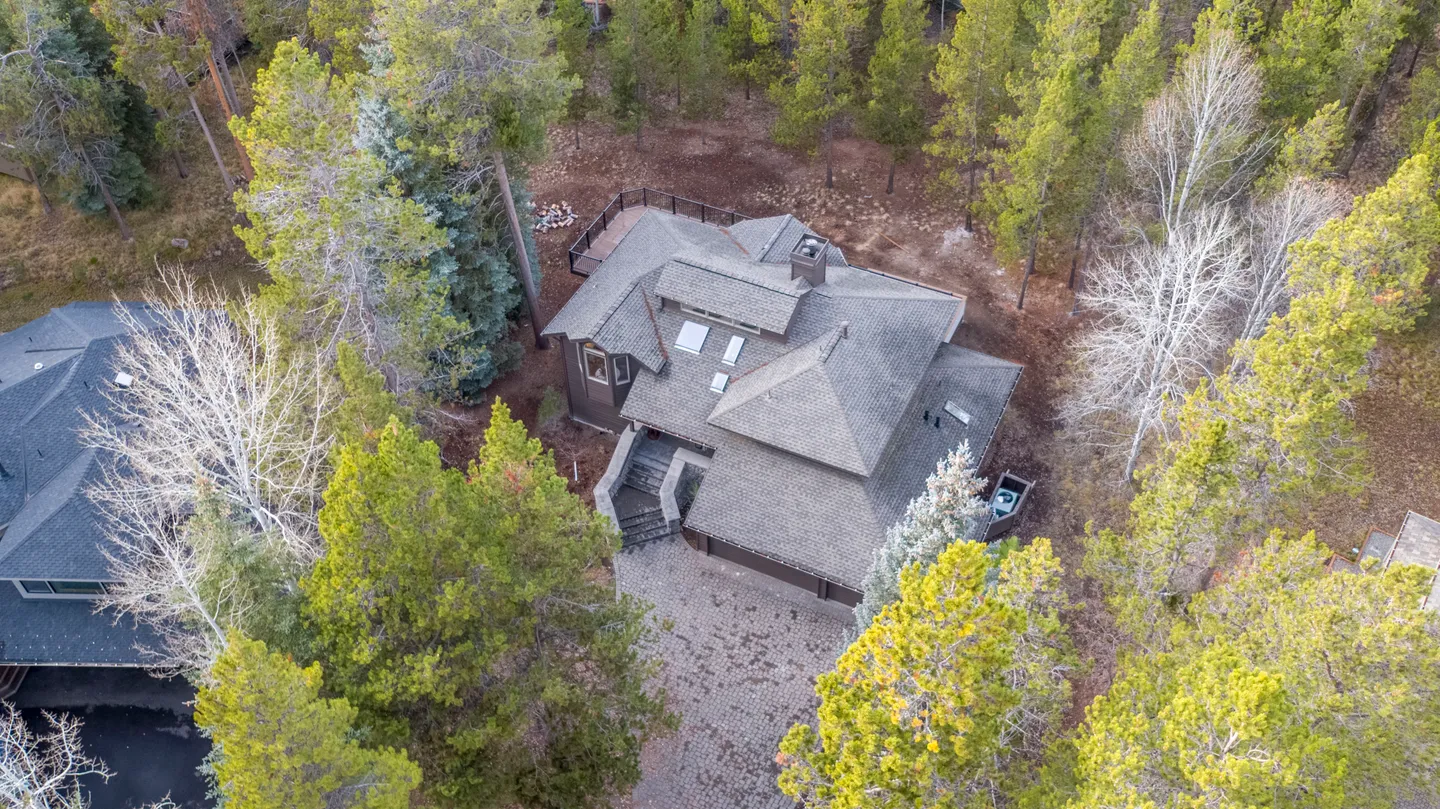 Aerial view of a multi-story home with a shingled roof, skylights, paved driveway, and surrounding pine and deciduous trees.