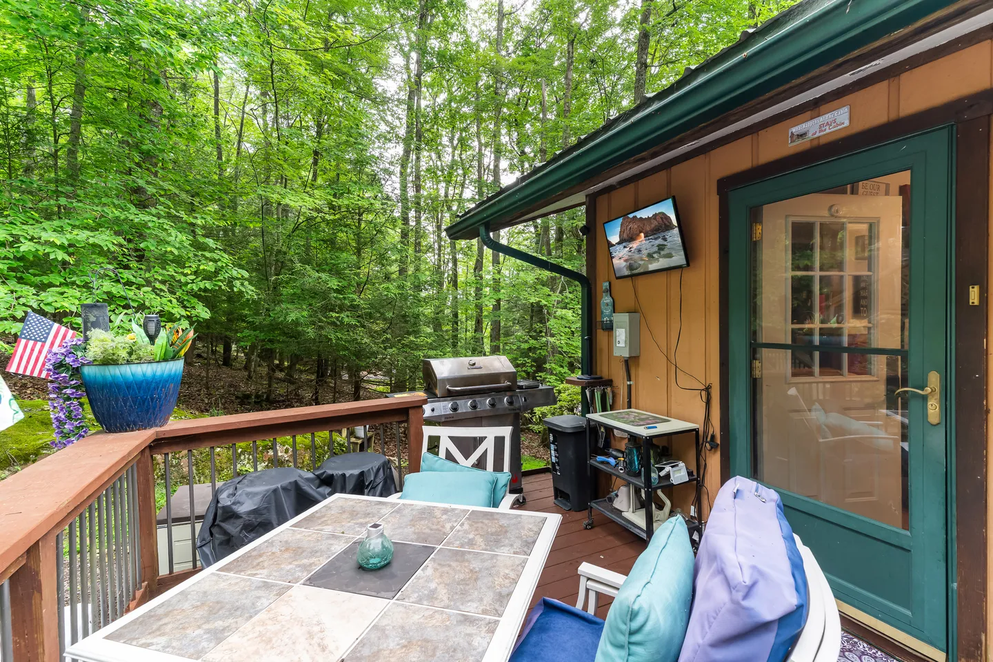 Outdoor deck with a patio dining table, chairs, a wall-mounted TV, a gas grill, and a green screen door surrounded by dense green woods.