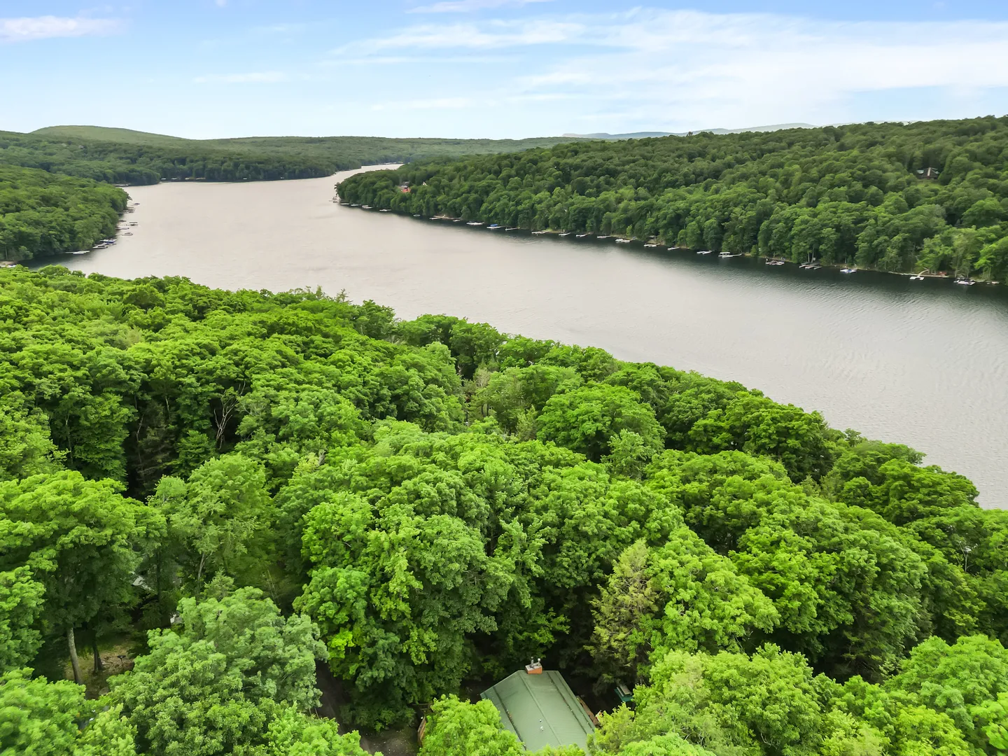 Aerial view showing a large lake surrounded by dense green forests with a green roof visible nestled among the trees in the foreground.
