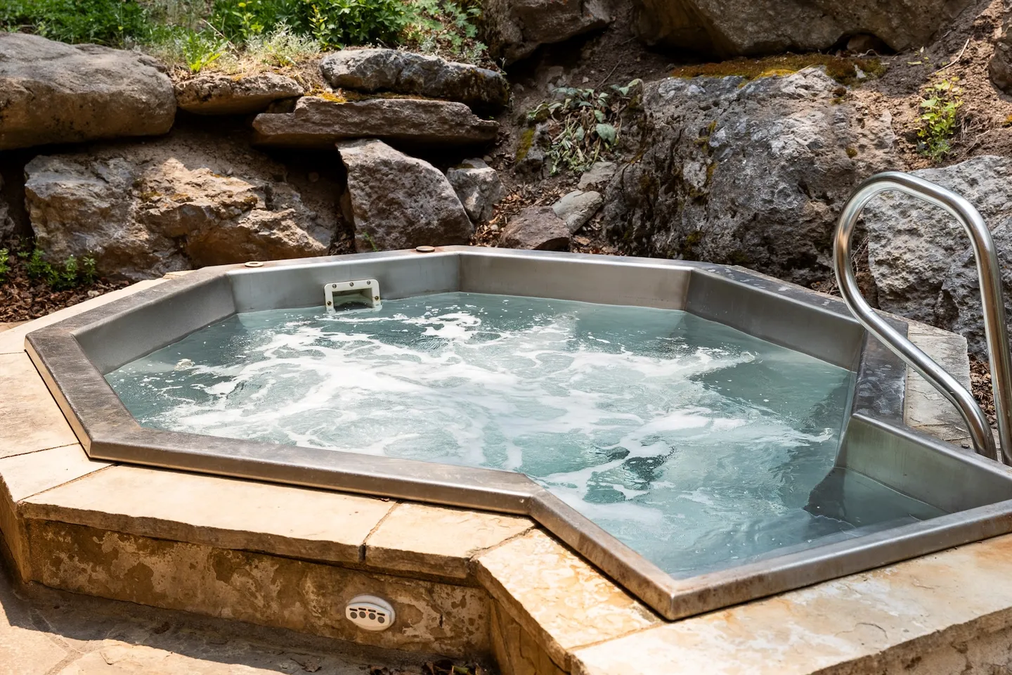 An outdoor hot tub with bubbling water built into a stone patio against a rocky natural backdrop.