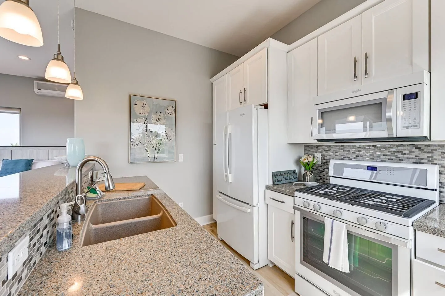 Kitchen counter with a double-basin sink in the foreground, adjacent to a gas stove, microwave, and refrigerator with white cabinets.